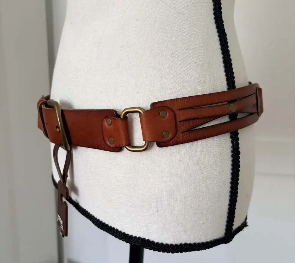 Fossil Women's Tan Leather Belt with Brass Hardware/ Cutout Detail, Size M. NWT